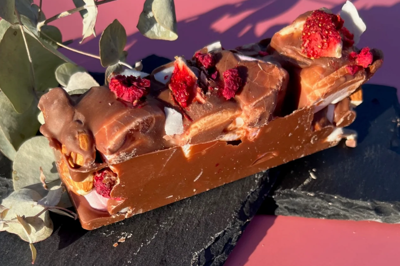 milk chocolate rocky road with raspberries and coconut