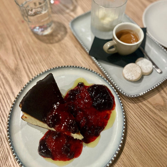 A burnt basque cheesecake and affogato on a restaurant table